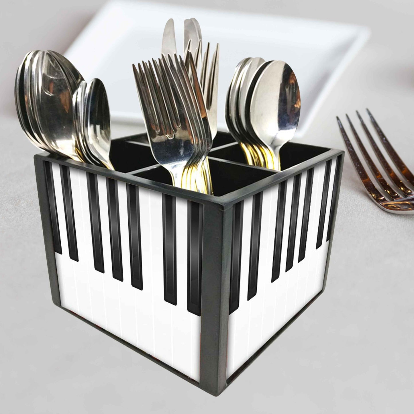 White Piano Cutlery Holder Stand Silverware Caddy Organizer for Spoons, Forks & Knives-Made of Pinewood