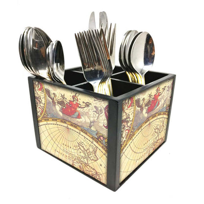 Map Cutlery Holder Stand Silverware Caddy Organizer for Spoons, Forks & Knives-Made of Pinewood Nutcase