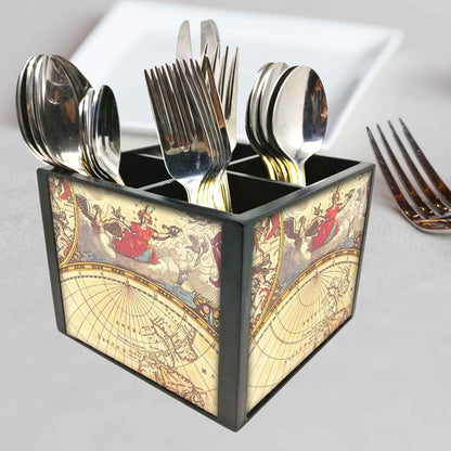 Map Cutlery Holder Stand Silverware Caddy Organizer for Spoons, Forks & Knives-Made of Pinewood