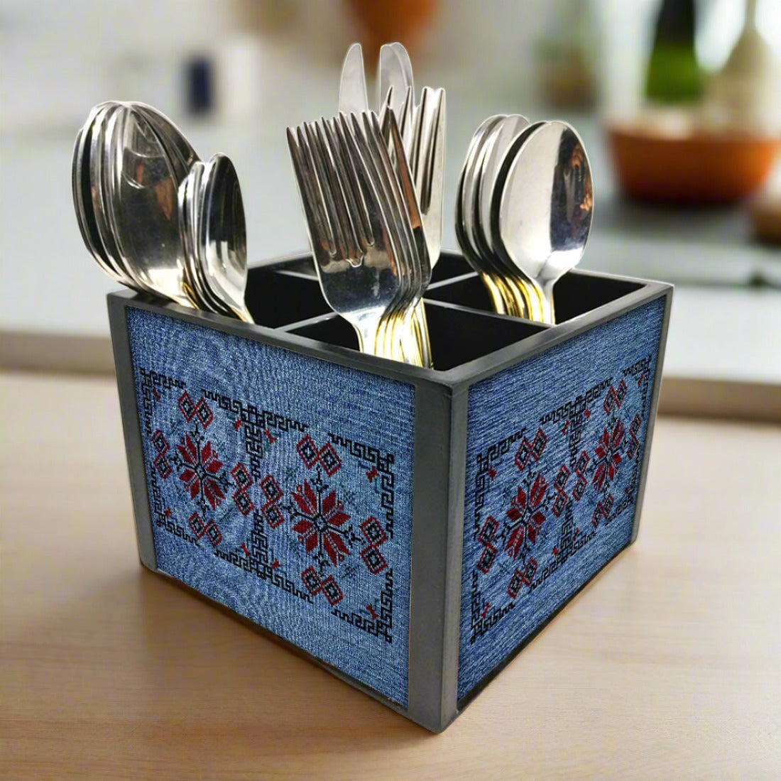 Spoon Fork Knife Holder - Blue Floral Pattern Nutcase