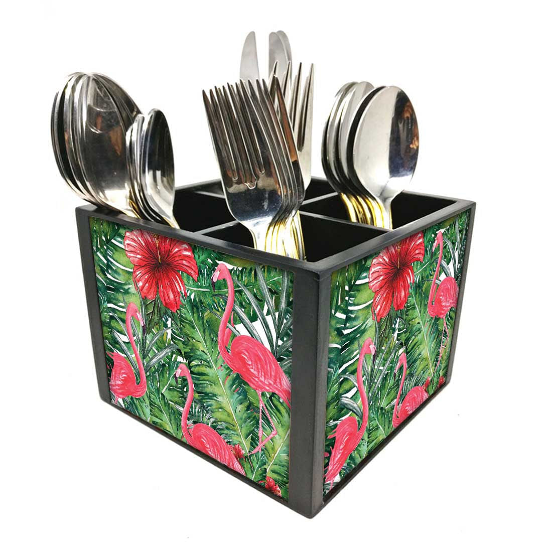 Hibiscus Flower With FlamingoesCutlery Holder Stand Silverware Caddy Organizer Nutcase