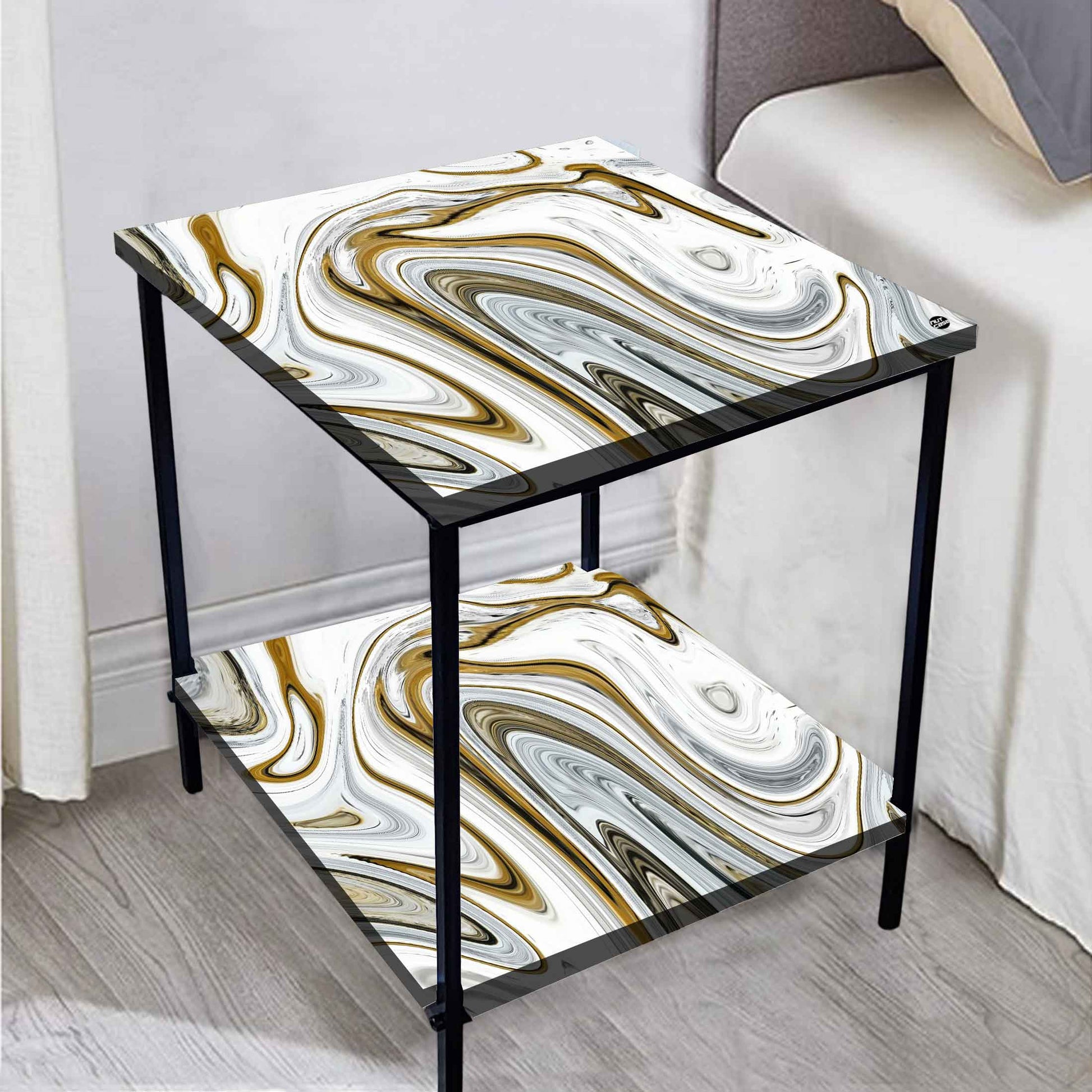 Metal Designer Cool Bedside Tables for Bedroom Living Room - Marble Swirls Nutcase