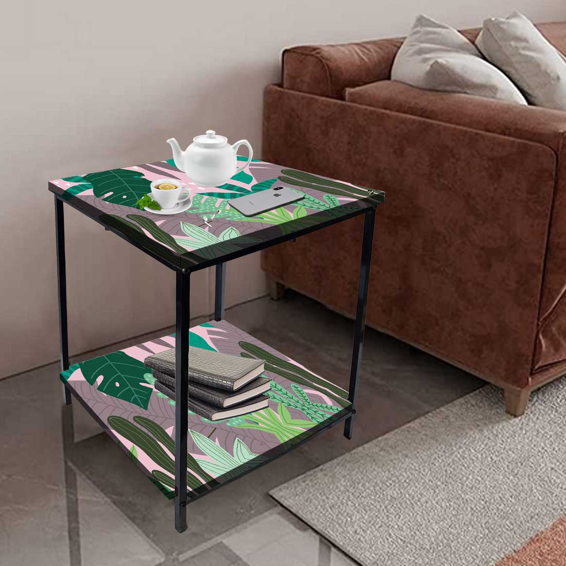 Metal Designer Side Table for Bedroom Living Room - Tropical Leaves Nutcase