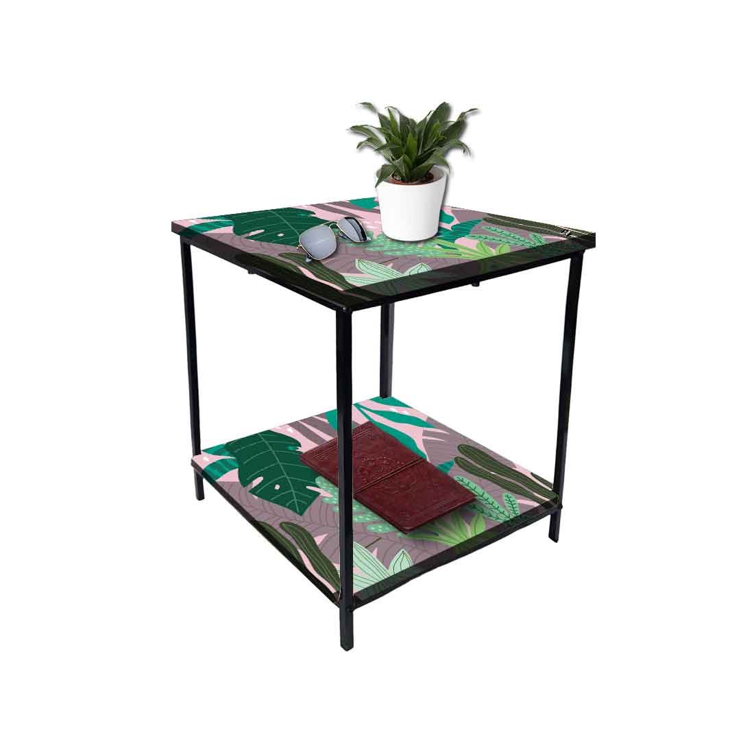 Metal Designer Side Table for Bedroom Living Room - Tropical Leaves Nutcase