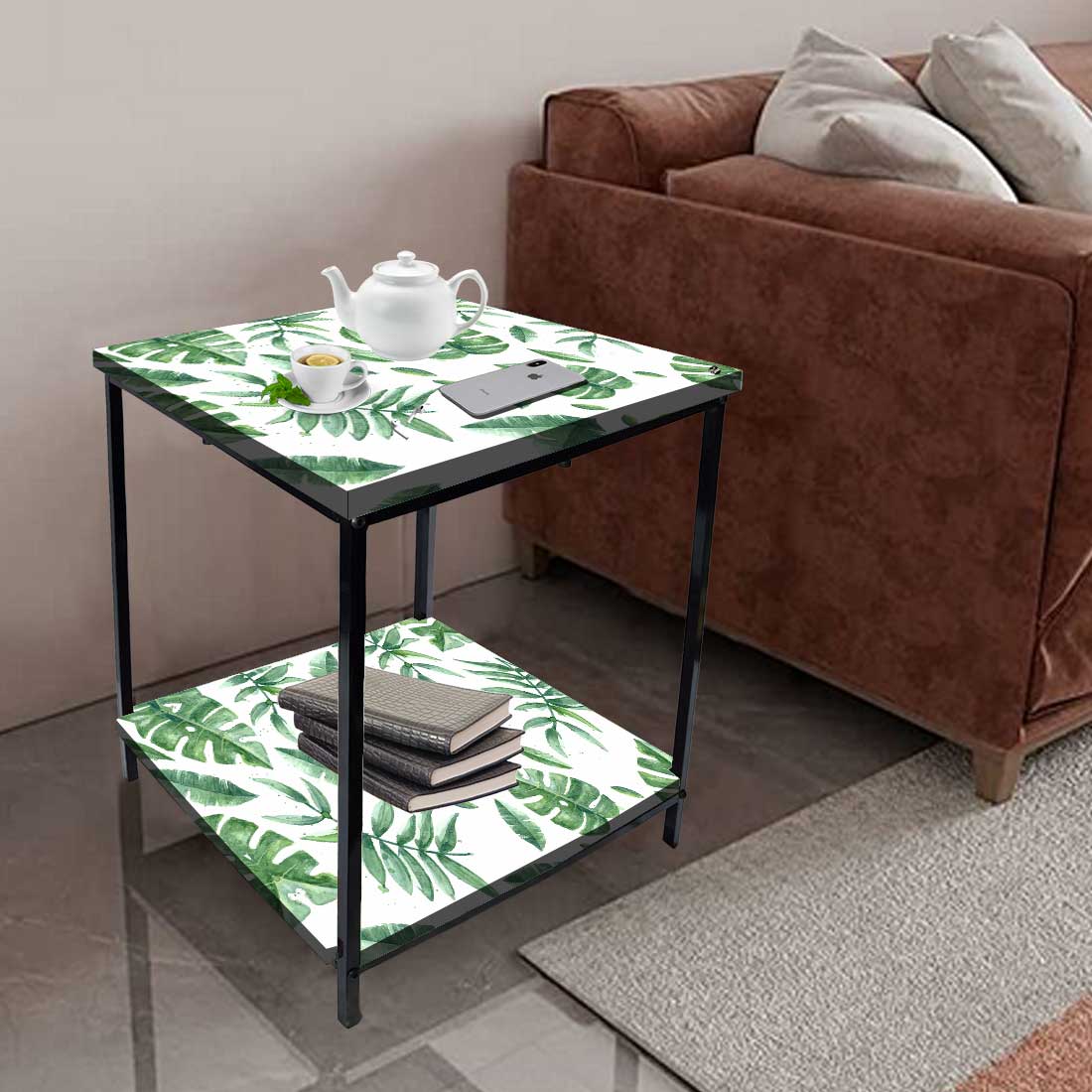 Metal Designer Side Table for Bedroom Living Room - Tropical Leaves Nutcase