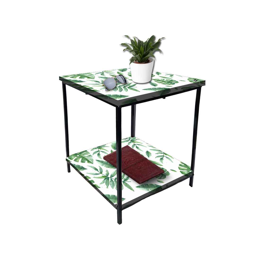 Metal Designer Side Table for Bedroom Living Room - Tropical Leaves Nutcase