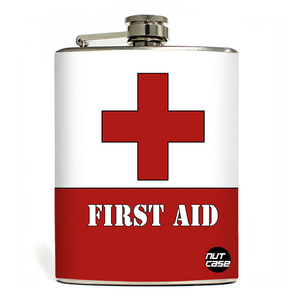 Designer Hip Flask 9 Oz- Nutcase - Free Funnel Along-First Aid (White & Red) nutcaseshop