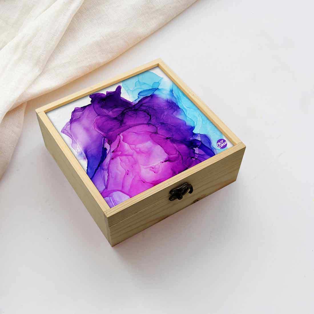 Jewellery Box Wooden Jewelry Organizer -  Blue Purple Ink Watercolor Nutcase