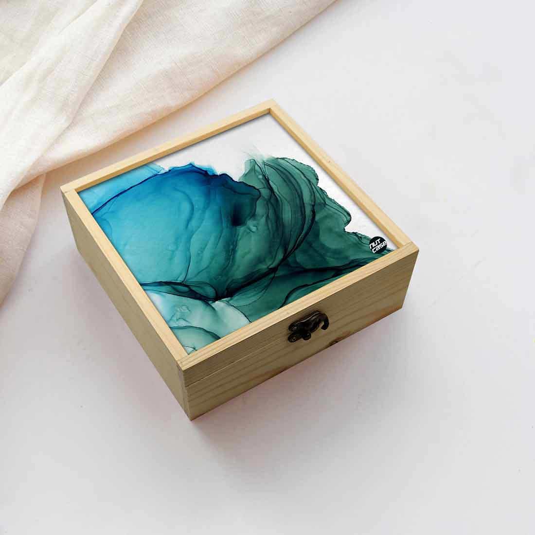 Jewellery Box Wooden Jewelry Organizer -  Green Blue Ink Watercolor Nutcase