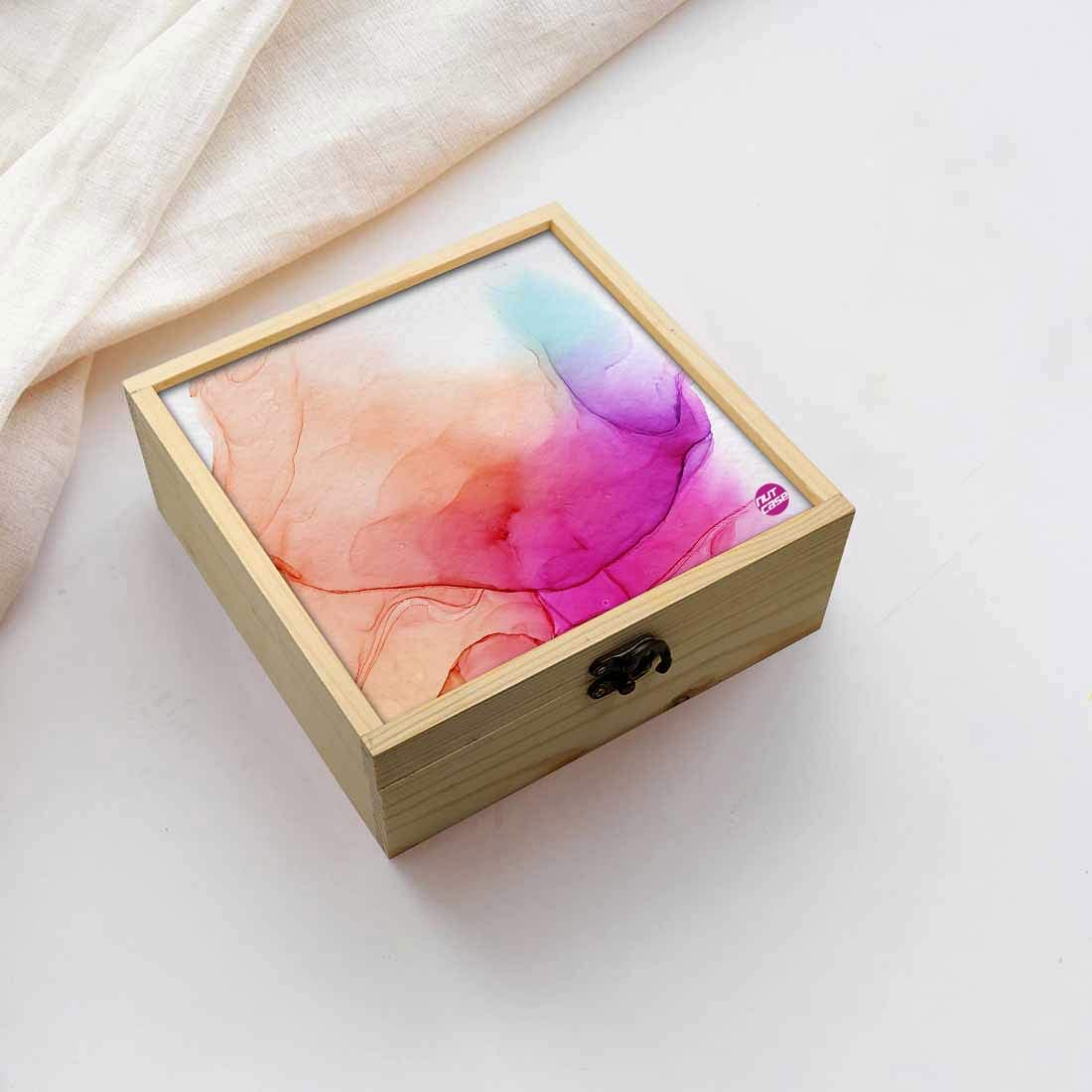 Jewellery Box Wooden Jewelry Organizer -  Orange Pink Multicolor Ink Watercolor Nutcase