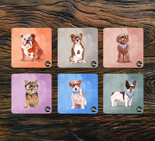 Metal Coasters Set of 6 for Home & Office Use - Hipster Dogs Nutcase