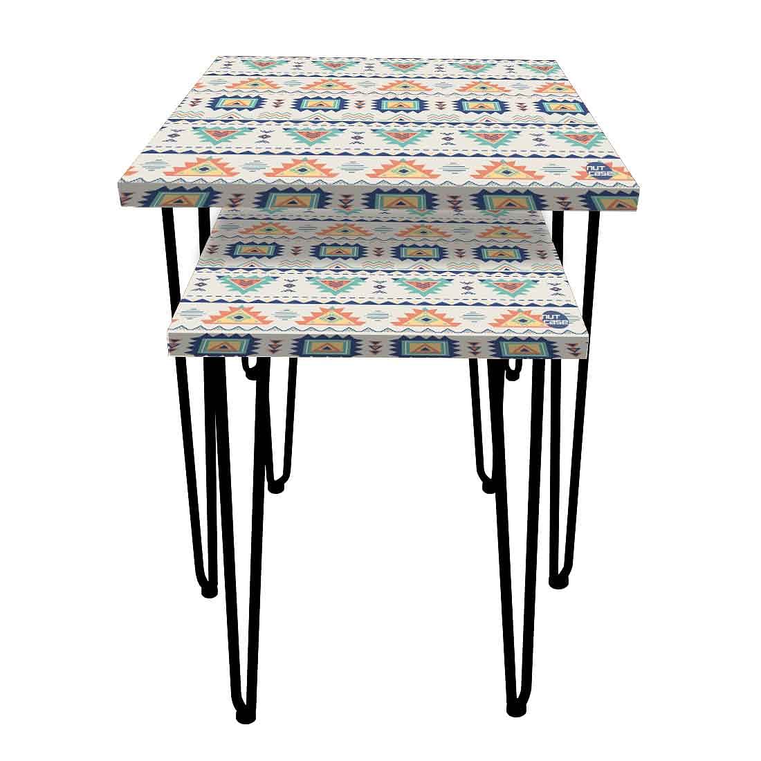 Multi-usable Nest of 2-Coffee Tables For Living Room, Bedroom and Patio - Aztec Grey Pattern Nutcase