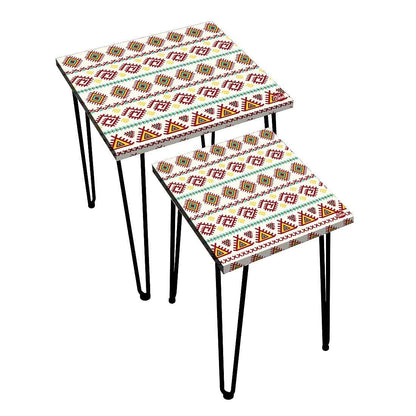 Best Nesting Tables Set Of 2 with Aztec White Green Printed Top Nutcase