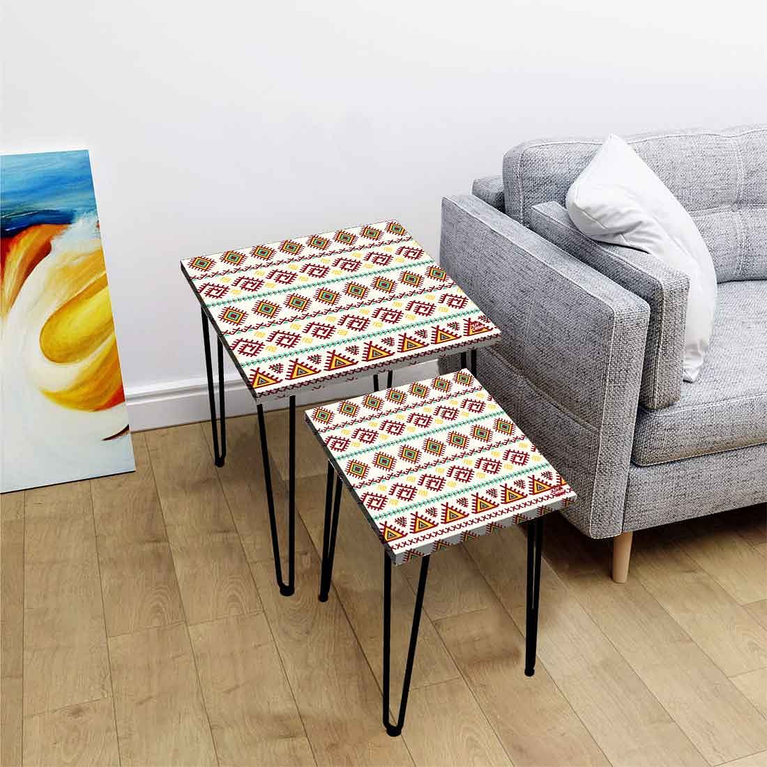 Best Nesting Tables Set Of 2 with Aztec White Green Printed Top Nutcase