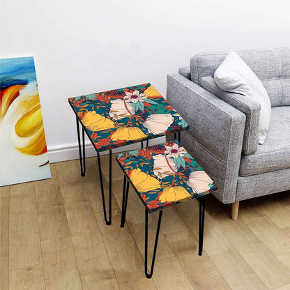 Designer Printed 2 Piece Nest Tables for Home Office and Outdoor - Yellow Flower Nutcase