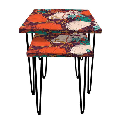 Set of 2 Designer Nest of Tables End Tables for Bedroom - Orange Flower Nutcase