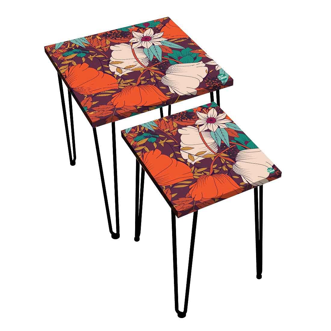 Set of 2 Designer Nest of Tables End Tables for Bedroom - Orange Flower Nutcase