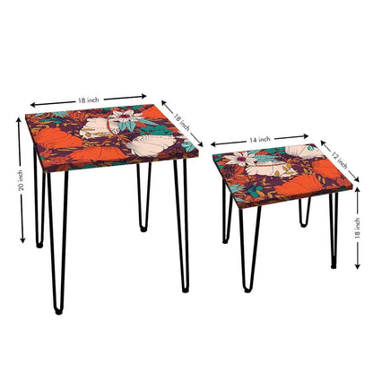 Set of 2 Designer Nest of Tables End Tables for Bedroom - Orange Flower Nutcase