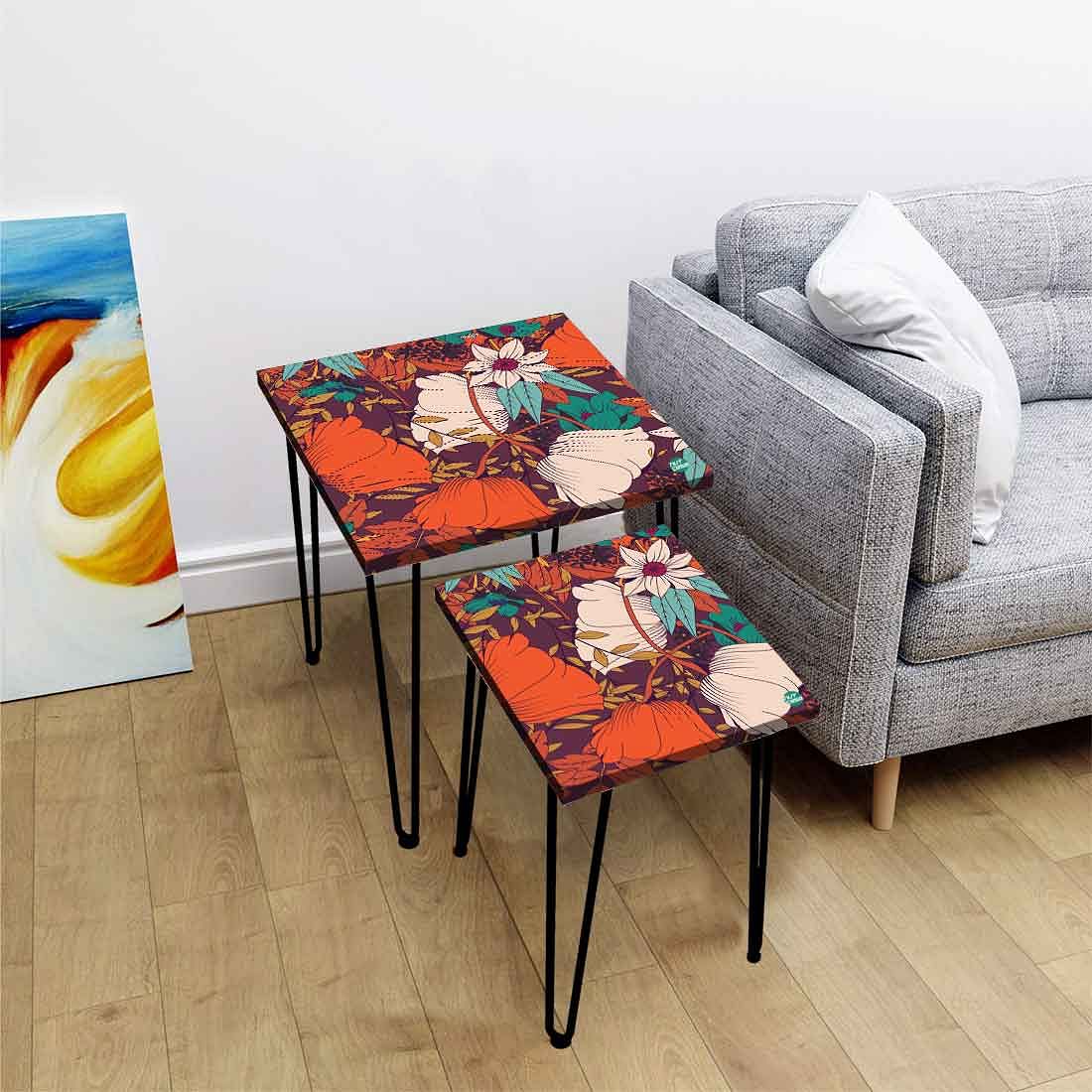 Set of 2 Designer Nest of Tables End Tables for Bedroom - Orange Flower Nutcase