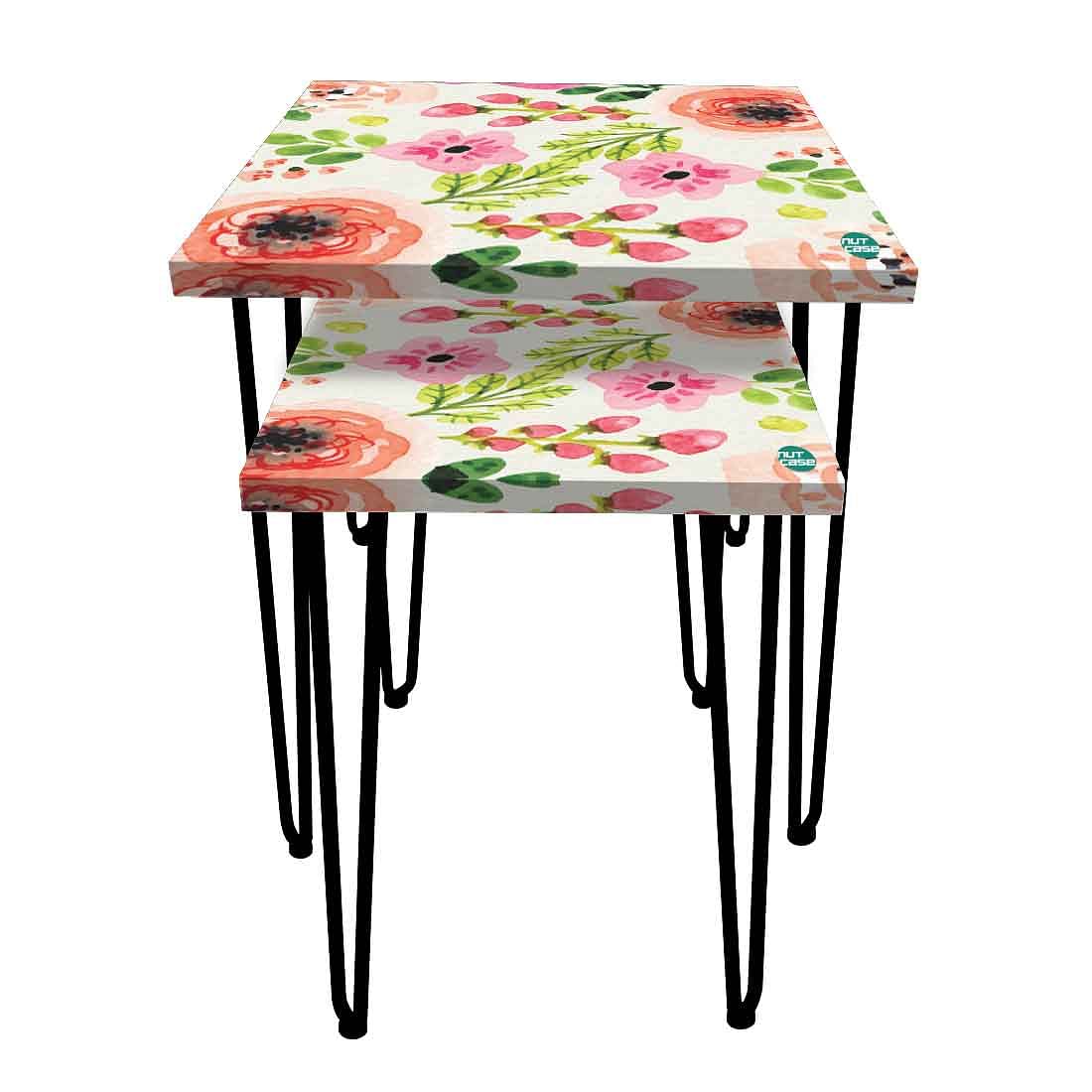 Designer Modern Nest Tables Set of 2 for Living Room - Watercolor Flower Nutcase