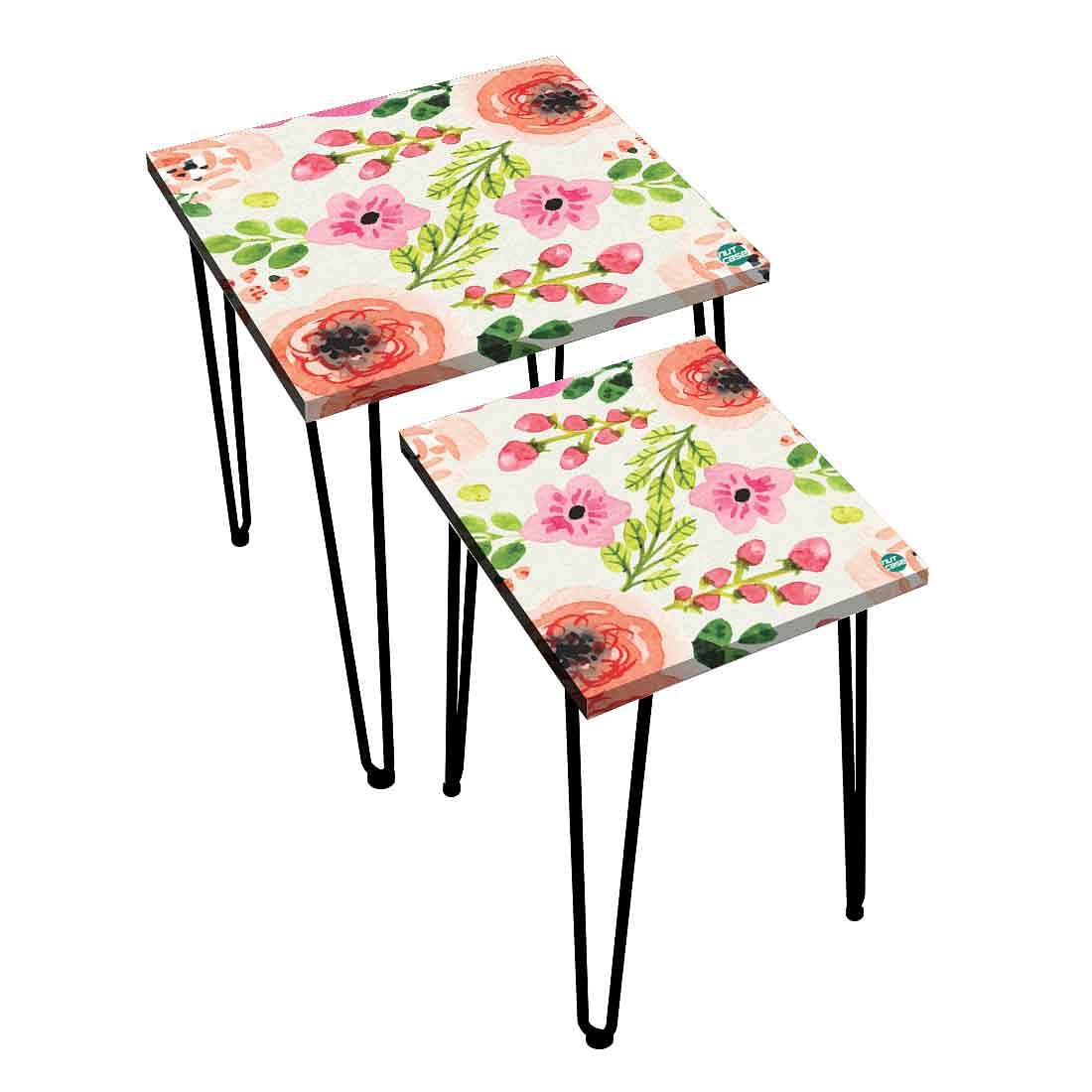 Designer Modern Nest Tables Set of 2 for Living Room - Watercolor Flower Nutcase