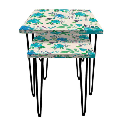 Stackable Side Tables Set of 2 with Designer Blue Flower Printed Nutcase