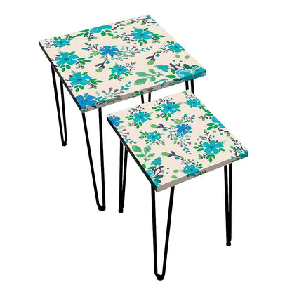 Stackable Side Tables Set of 2 with Designer Blue Flower Printed Nutcase