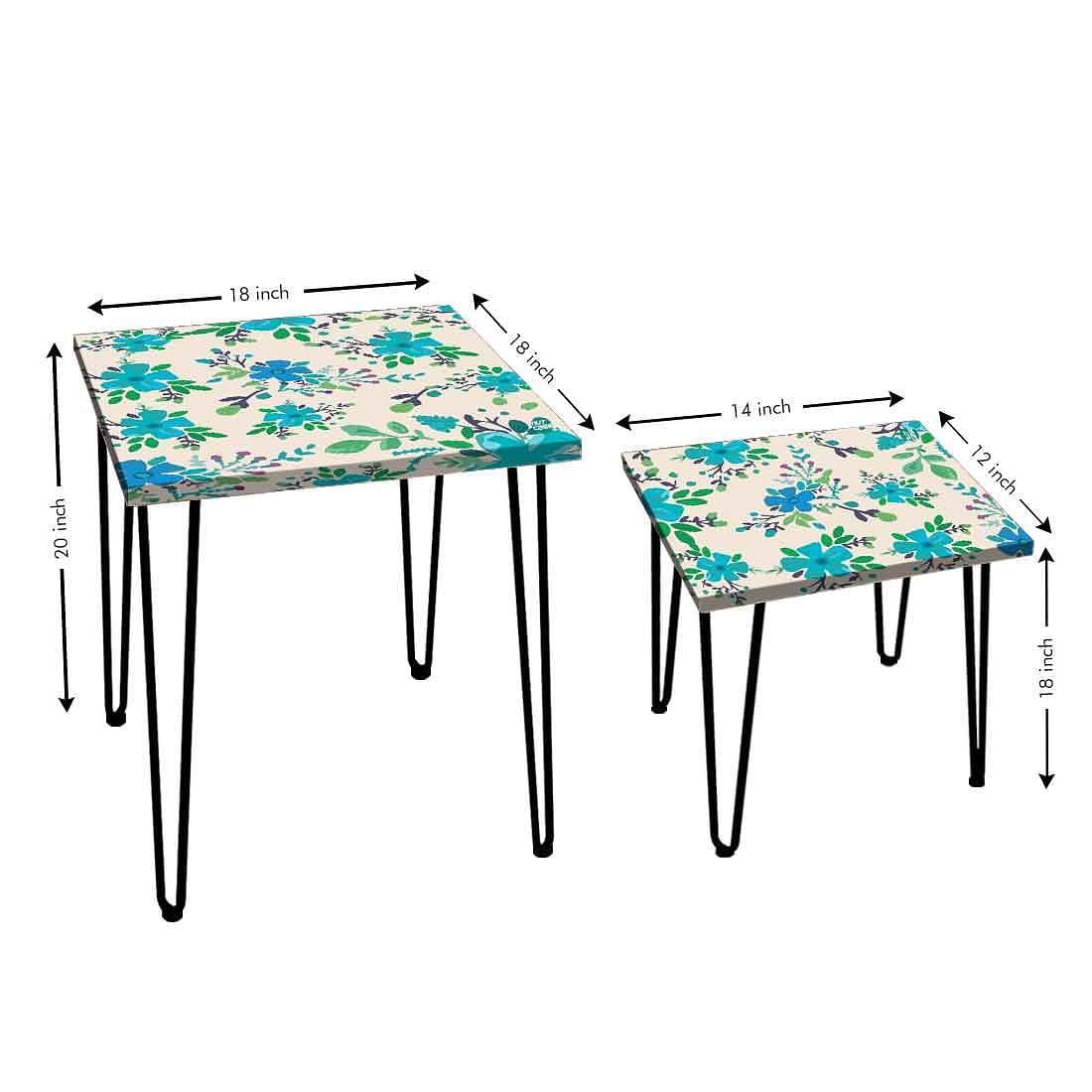 Stackable Side Tables Set of 2 with Designer Blue Flower Printed Nutcase