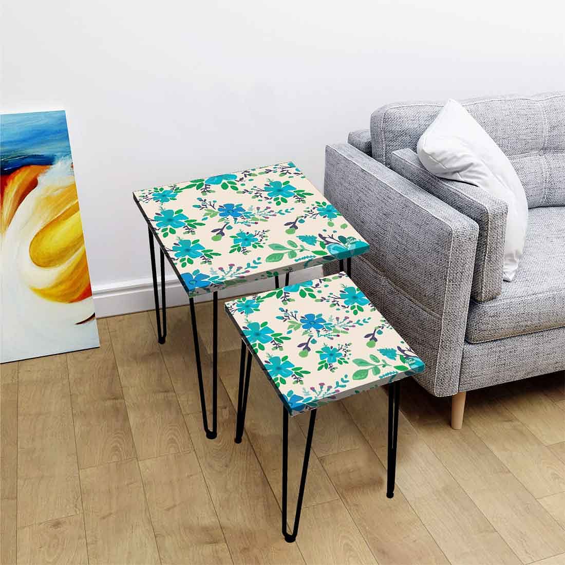 Stackable Side Tables Set of 2 with Designer Blue Flower Printed Nutcase