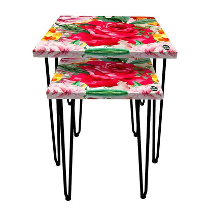 Set of 2 Square Nesting Tables for Home Office and Outdoor - Red Floral Nutcase