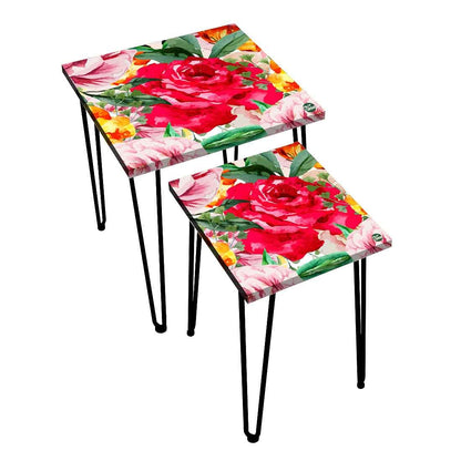 Set of 2 Square Nesting Tables for Home Office and Outdoor - Red Floral Nutcase