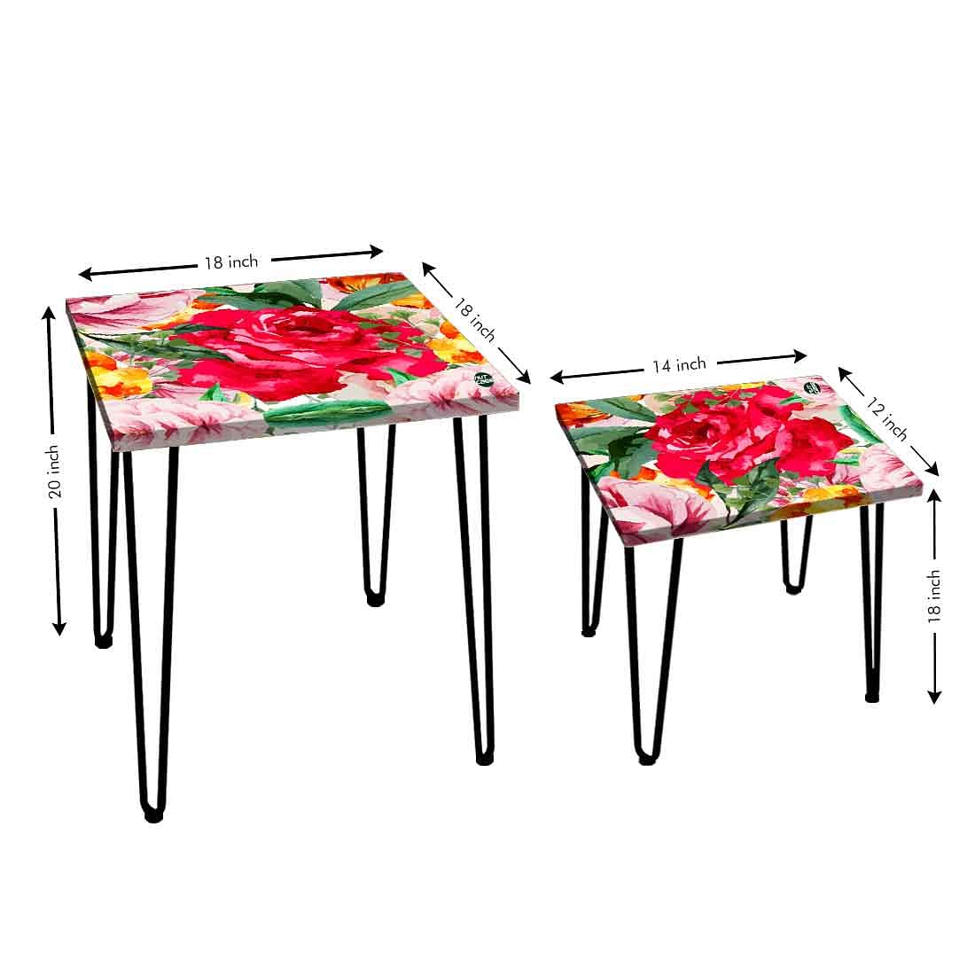 Set of 2 Square Nesting Tables for Home Office and Outdoor - Red Floral Nutcase