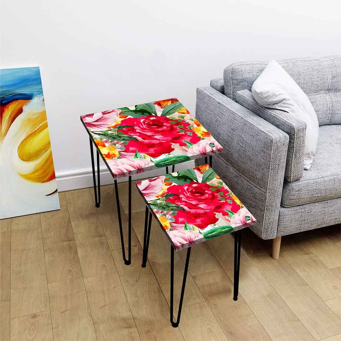 Set of 2 Square Nesting Tables for Home Office and Outdoor - Red Floral Nutcase