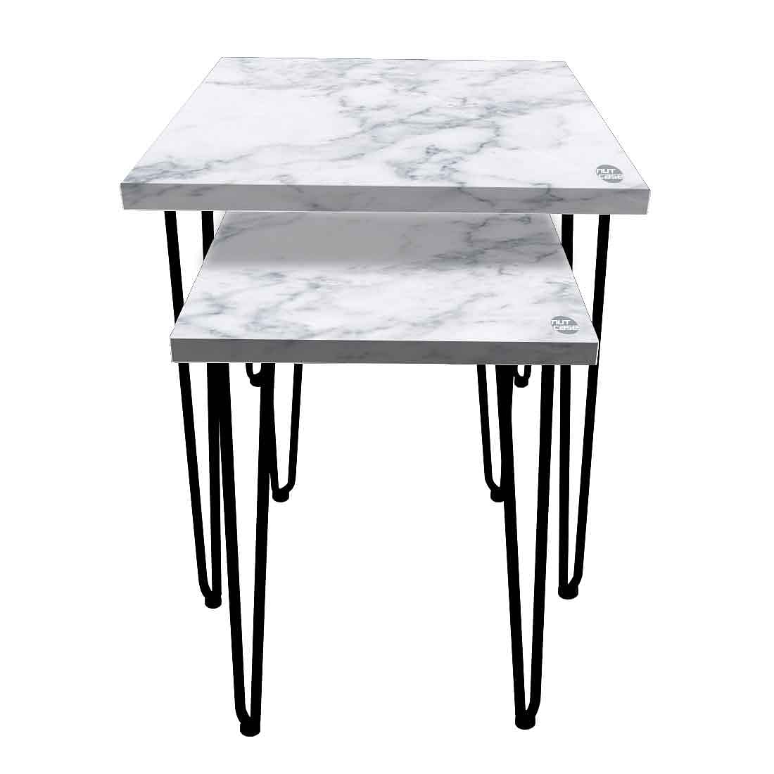 Patio Nesting Tables Set of 2 for Living Room Outdoors & Office - White Marble Nutcase