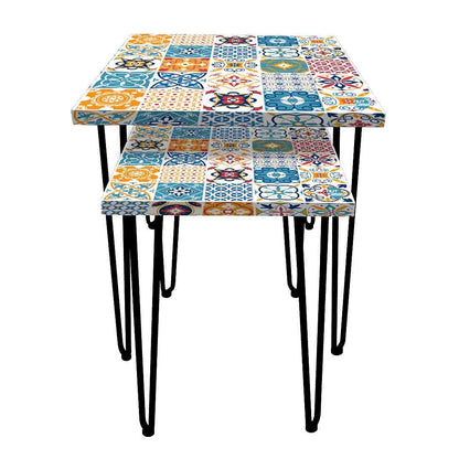 Nesting Table Set of 2 for Living Room Outdoors Patio - Azulejos Portuguese Nutcase