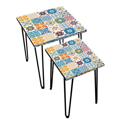 Nesting Table Set of 2 for Living Room Outdoors Patio - Azulejos Portuguese Nutcase