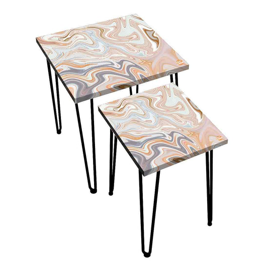 Nesting Side Tea Stacking Tables for Living Room Set of 2 - Marble Swirl Nutcase