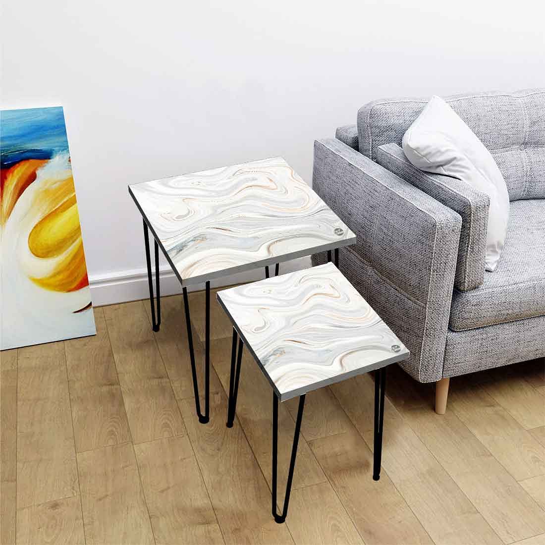 Marble Nesting Coffee Tables Set of 2 Side Table for Living Room - White Swirl Nutcase