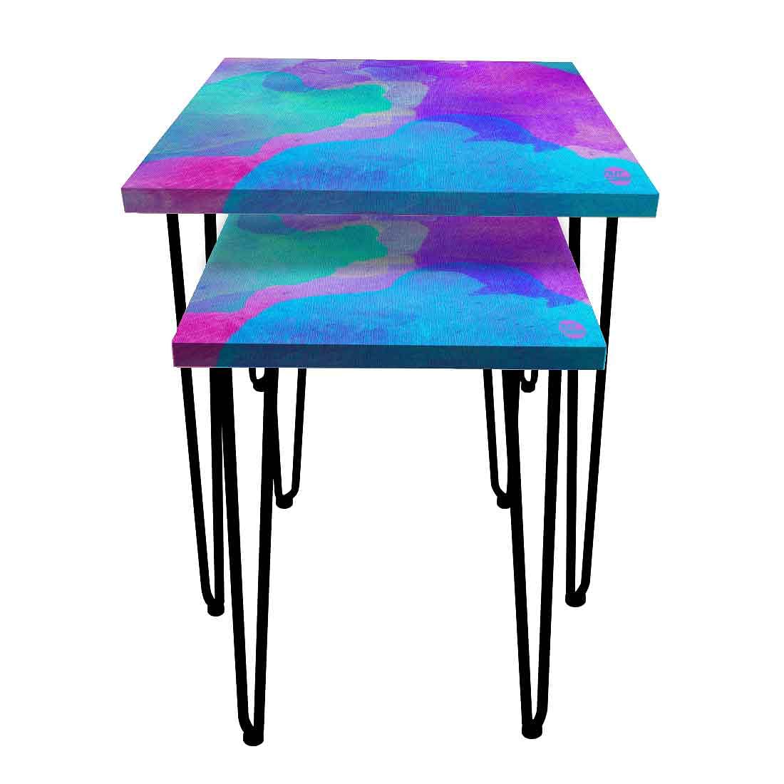 Nesting Table Set of 2 for Living Room Balcony Patio - Blue Watercolor Nutcase