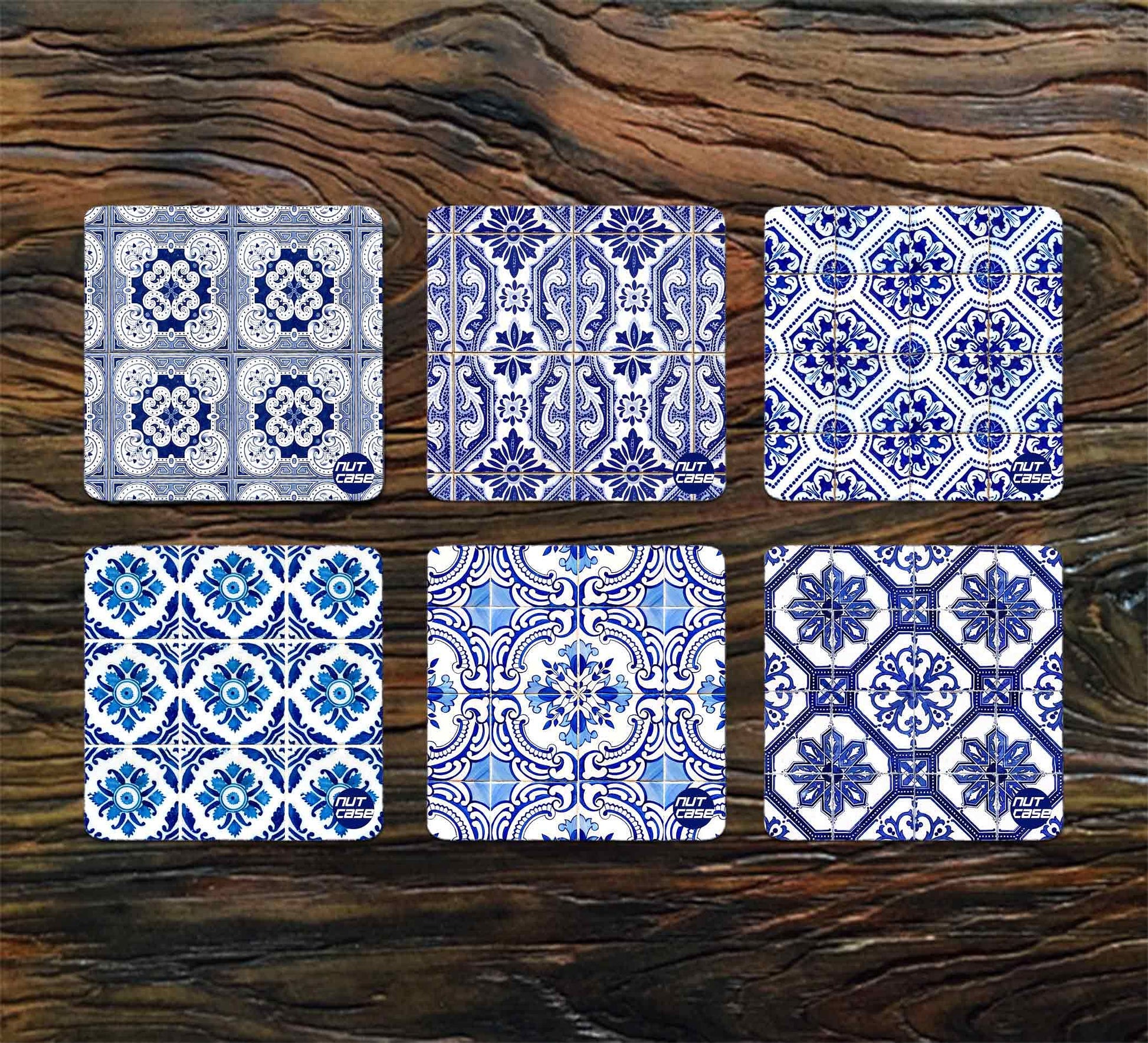 Designer Metal Coaster Set for Home & Office Desk Pack of 6 - Talavera Style Nutcase