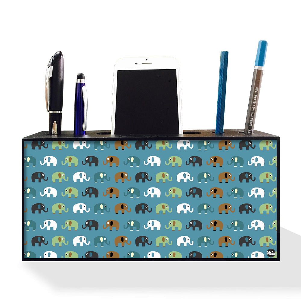 Pen Mobile Stand Holder Desk Organizer - Elephants Blue Nutcase