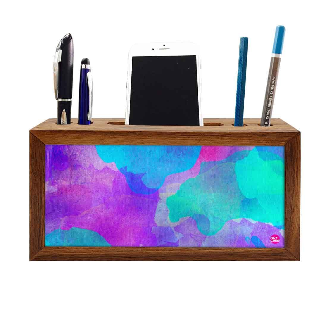 Desk Organizer  Wood - Watercolors Paint Pink & Blue Nutcase