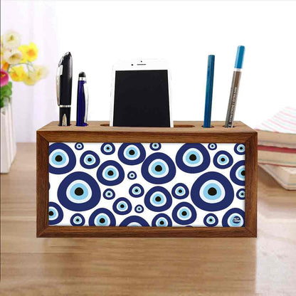 Wooden Phone Stand With Pen Holder for Office - Evil Eye Stones Nutcase