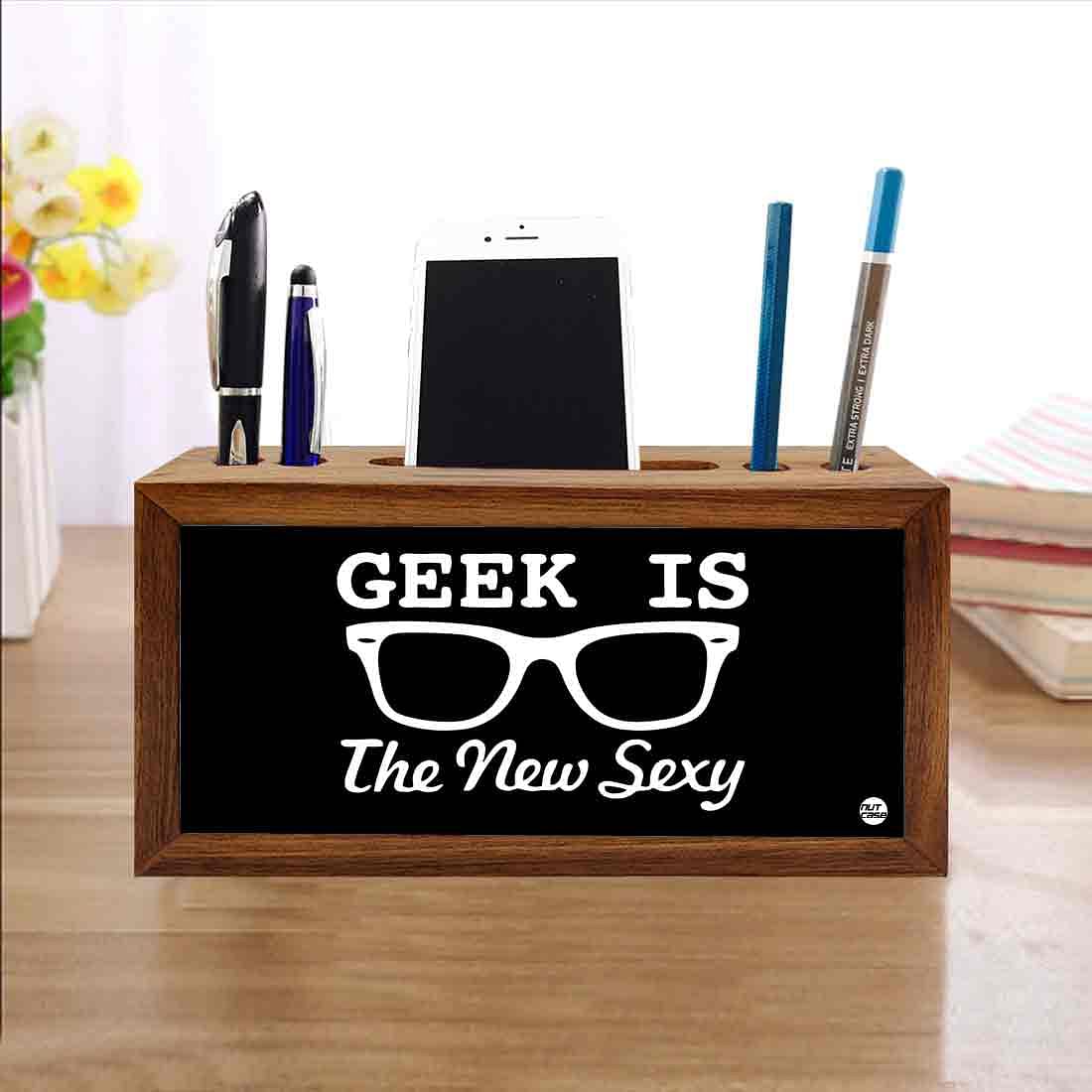 Teak Wood Pen Mobile Stand Organizer- Inner Geek Nutcase