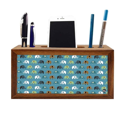 Wooden Desk Organiser Pen Mobile Stand - Elephants Blue Nutcase