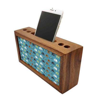 Wooden Desk Organiser Pen Mobile Stand - Elephants Blue Nutcase