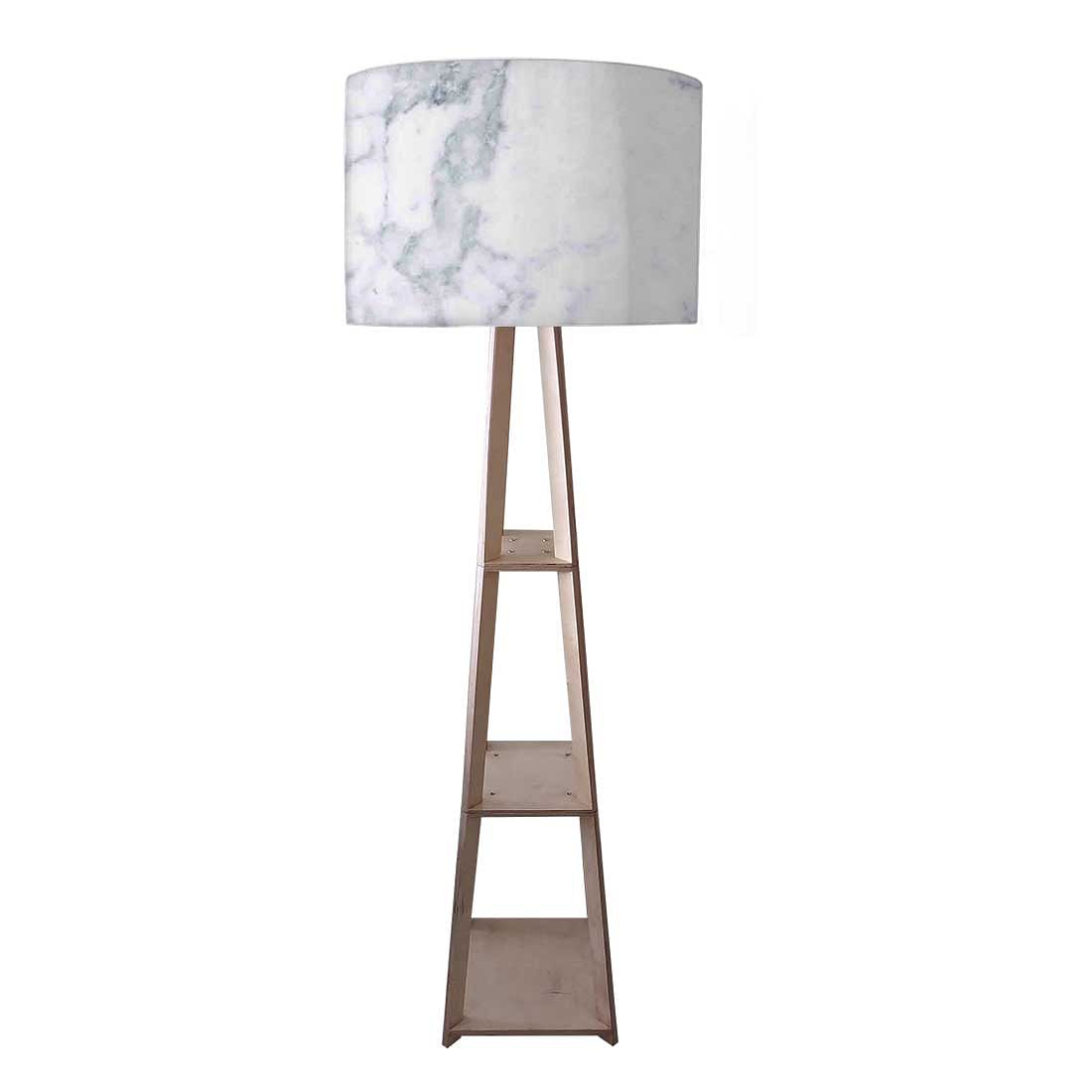 Wooden Corner Floor Lamp Long with Shelf - White Marble Effect Nutcase