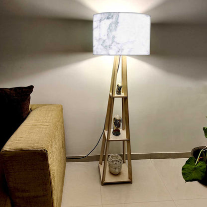 Wooden Corner Floor Lamp Long with Shelf - White Marble Effect Nutcase