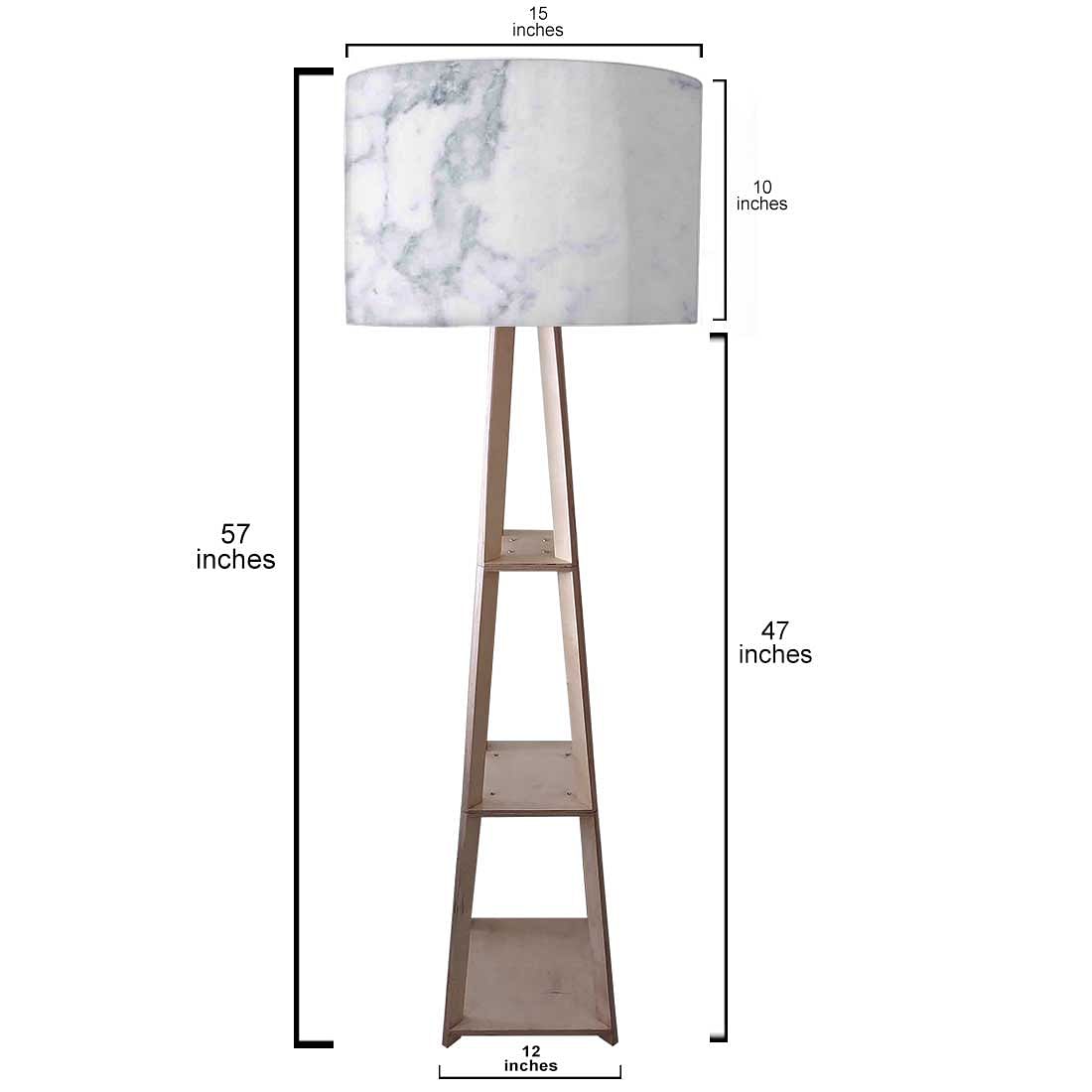 Wooden Corner Floor Lamp Long with Shelf - White Marble Effect Nutcase