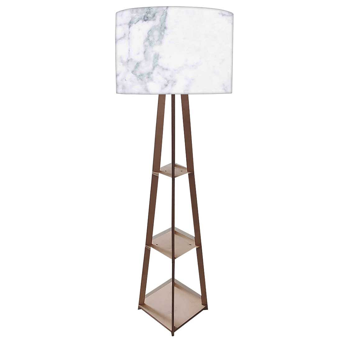 Wooden Corner Floor Lamp Long with Shelf - White Marble Effect Nutcase